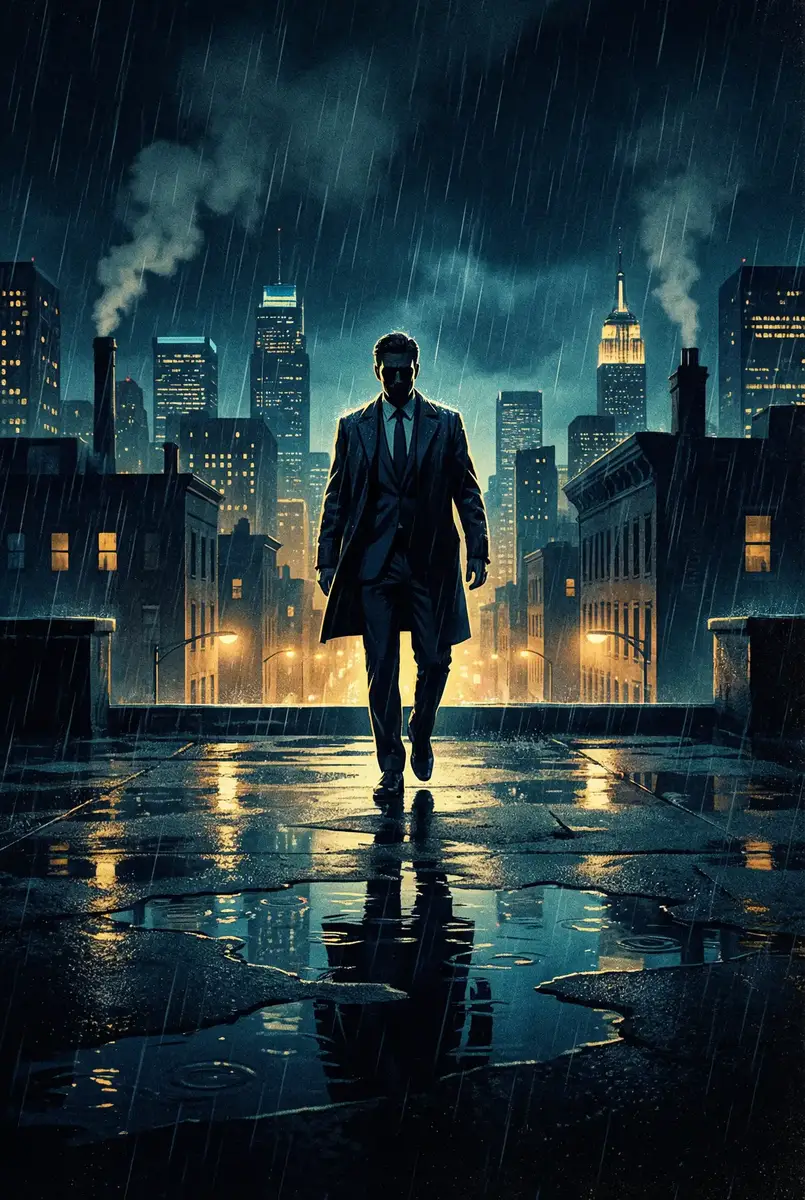 hsck 出品影片《雨夜独行者》海报，雨中城市屋顶男性剪影